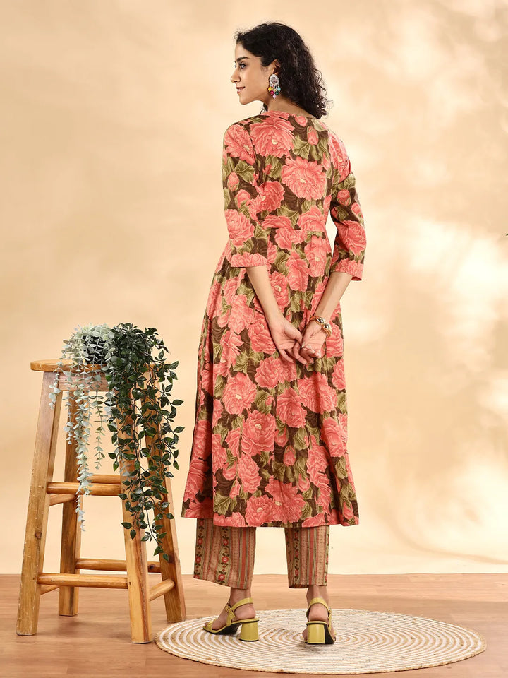 Peach Floral Print Sequins_Work Anarkali Kurta And Trouser With Dupatta Set