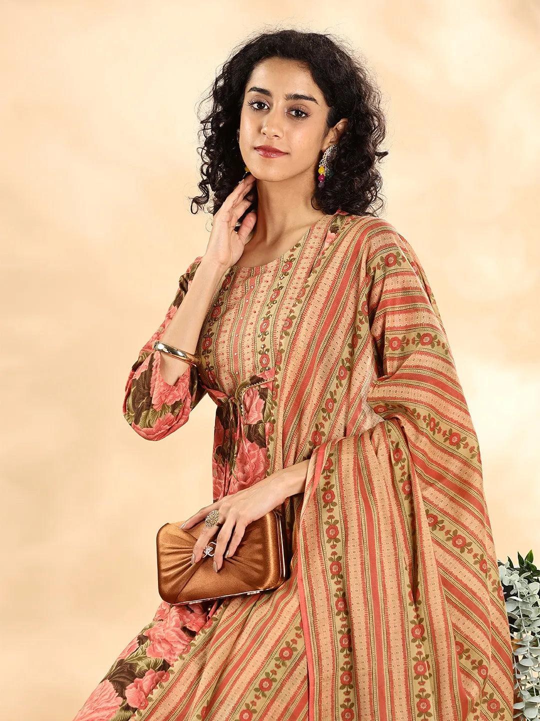 Peach Floral Print Sequins_Work Anarkali Kurta And Trouser With Dupatta Set