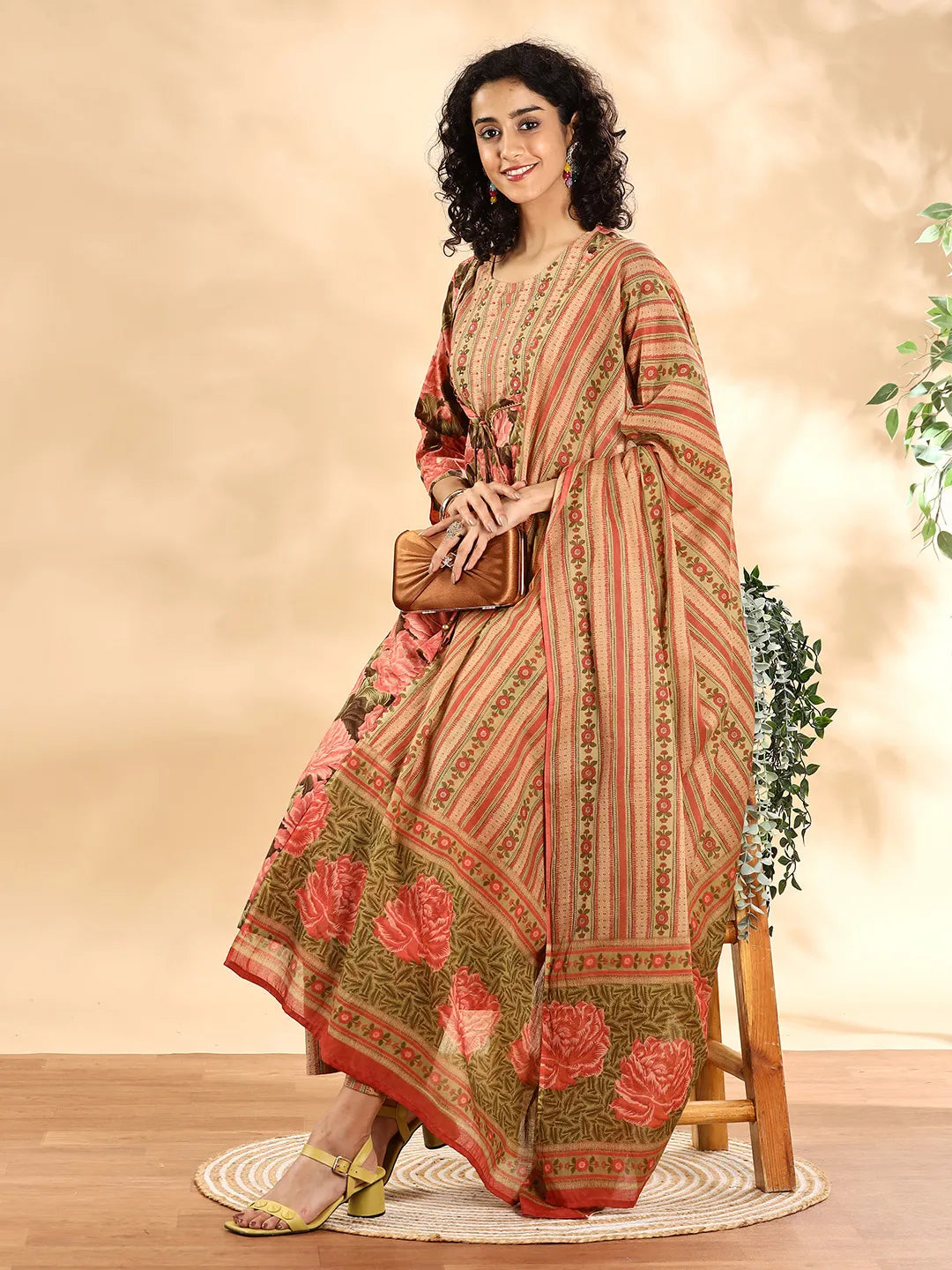 Peach Floral Print Sequins_Work Anarkali Kurta And Trouser With Dupatta Set