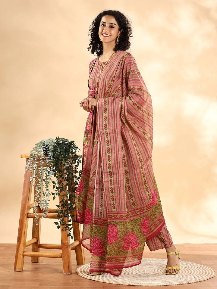 Pink Floral Print Sequins_Work Anarkali Kurta And Trouser With Dupatta Set