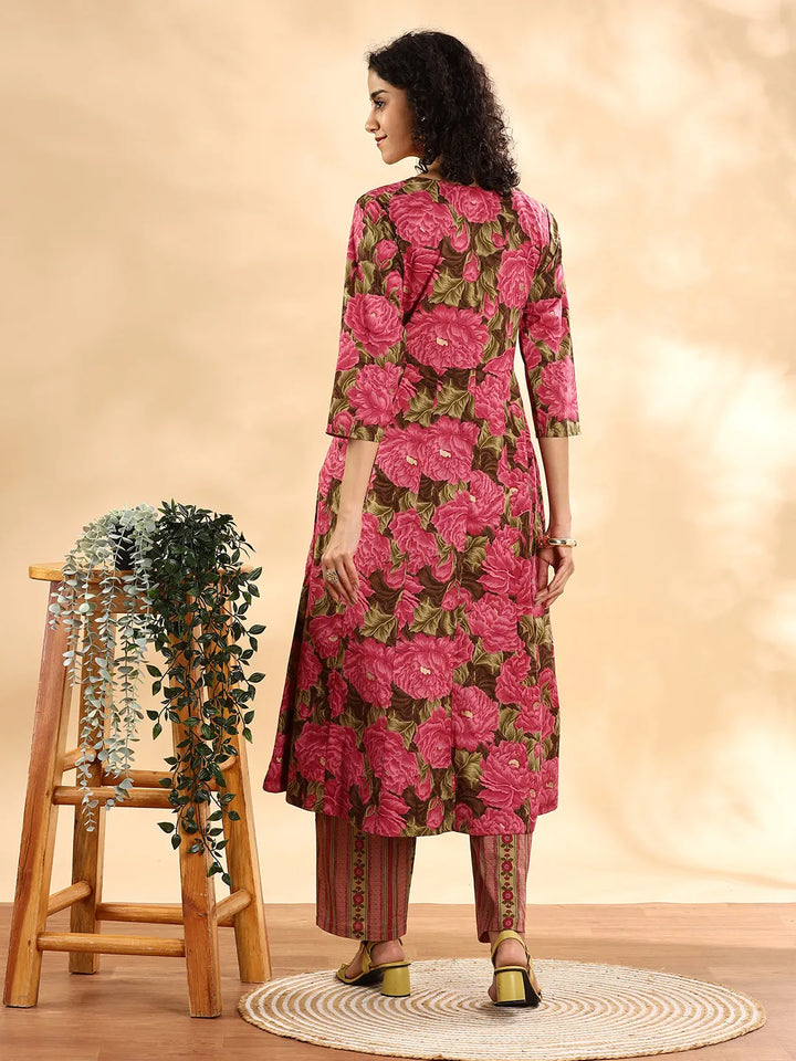 Pink Floral Print Sequins_Work Anarkali Kurta And Trouser With Dupatta Set