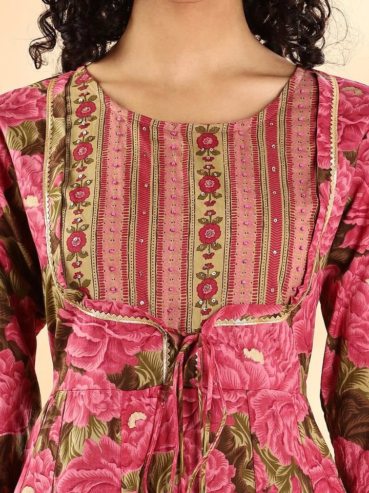 Pink Floral Print Sequins_Work Anarkali Kurta And Trouser With Dupatta Set