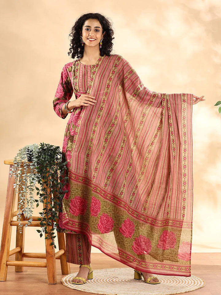 Pink Floral Print Sequins_Work Anarkali Kurta And Trouser With Dupatta Set