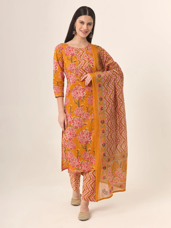 Mustard Pure Cotton Straight Kurta Pants Dupatta Set