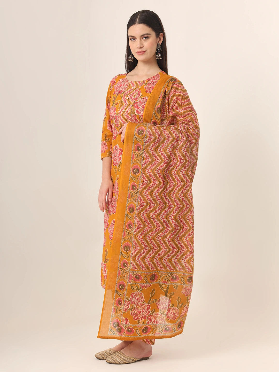 Mustard Pure Cotton Straight Kurta Pants Dupatta Set