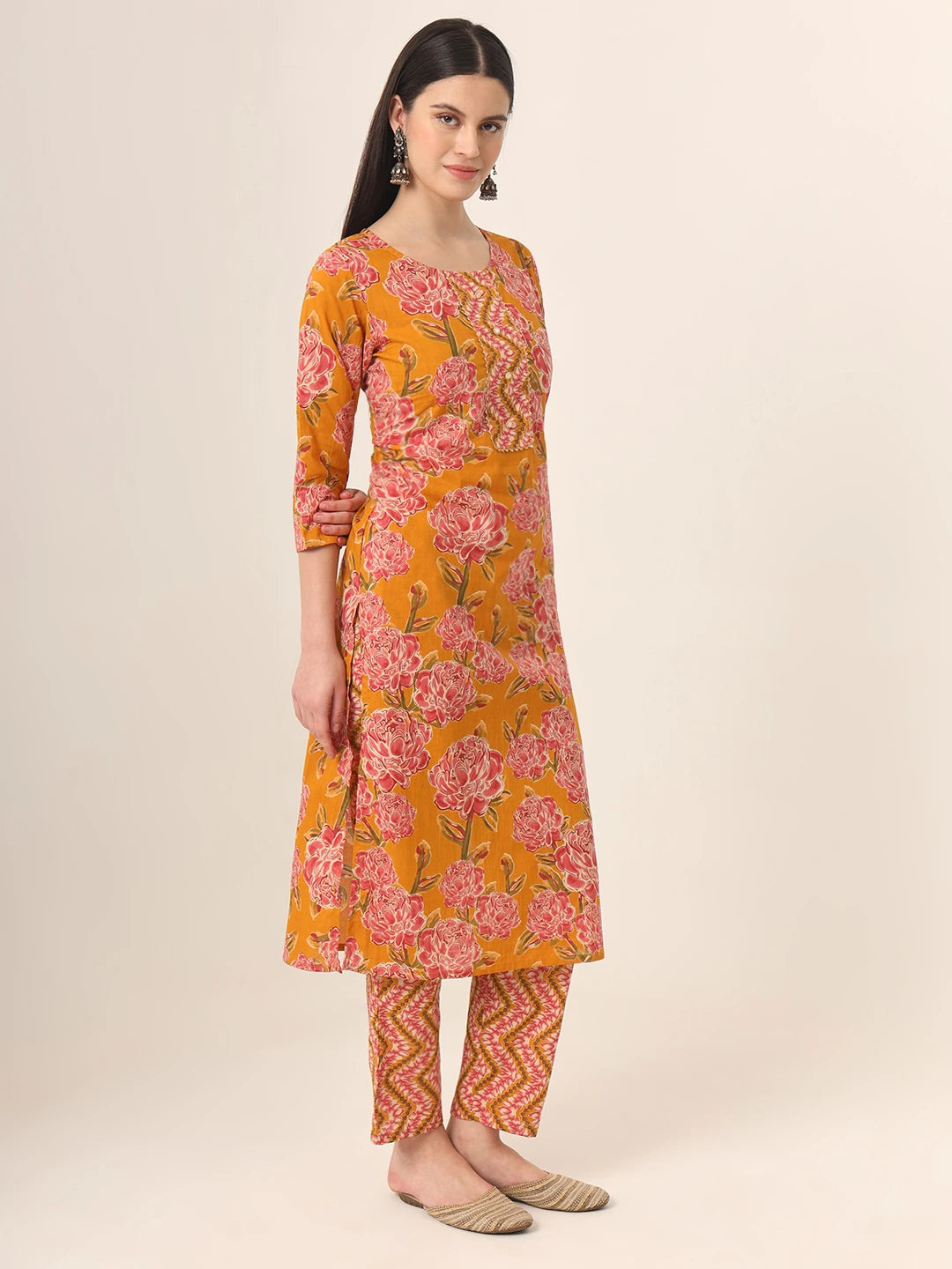 Mustard Pure Cotton Straight Kurta Pants Dupatta Set