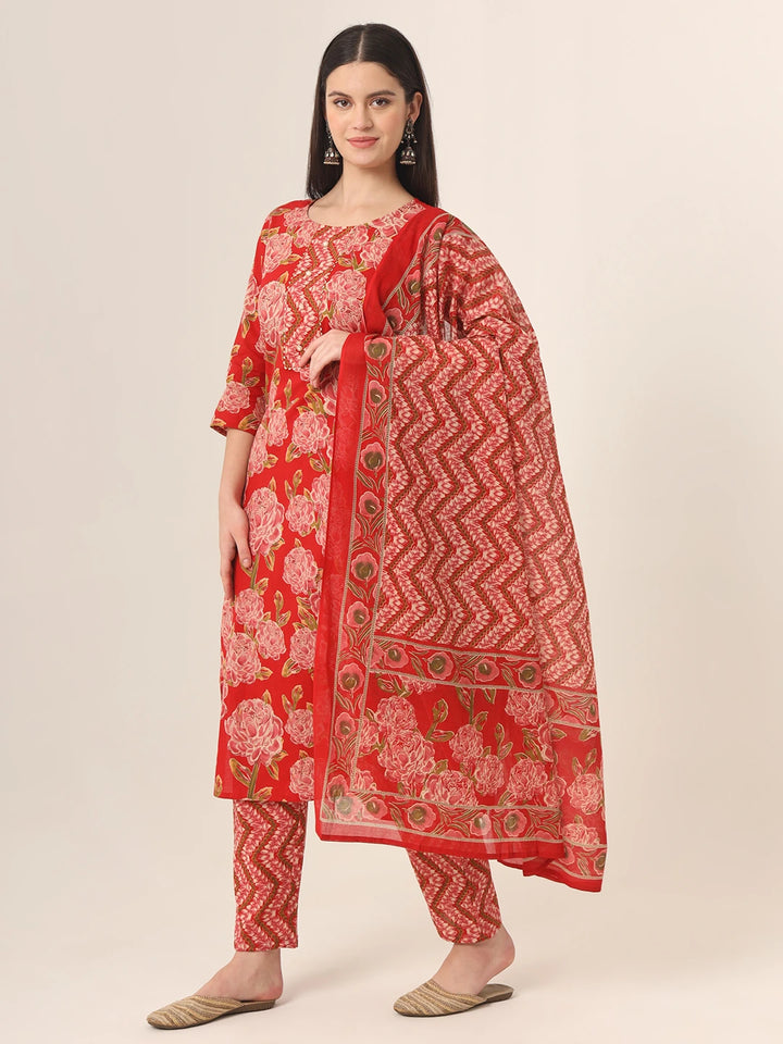 Red Pure Cotton Straight Kurta Pants Dupatta Set