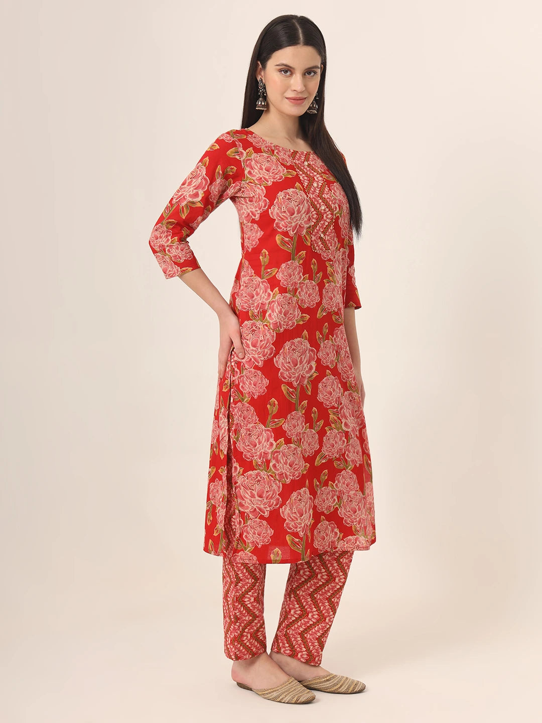 Red Pure Cotton Straight Kurta Pants Dupatta Set