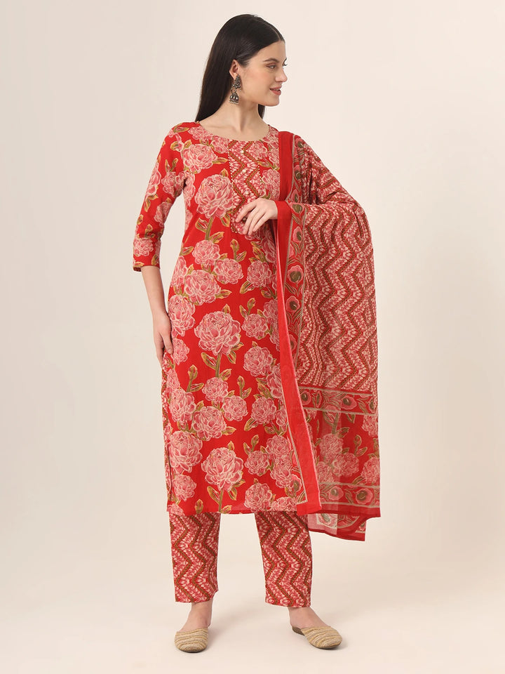 Red Pure Cotton Straight Kurta Pants Dupatta Set