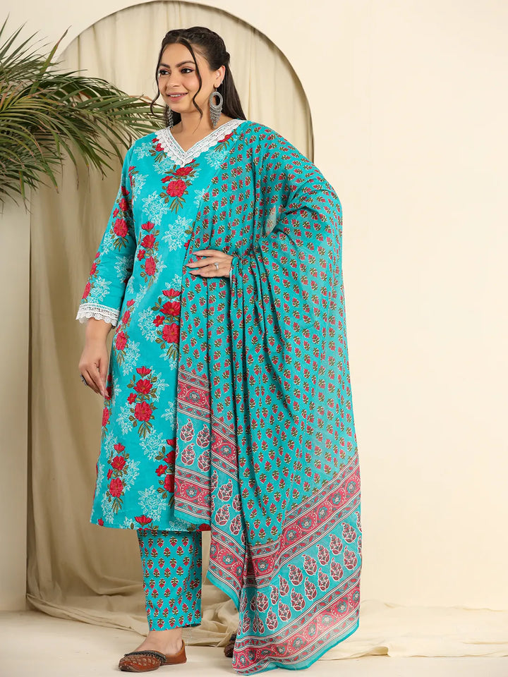 Pure Cotton Blue Kurta Dupatta Pant Set With Handwork