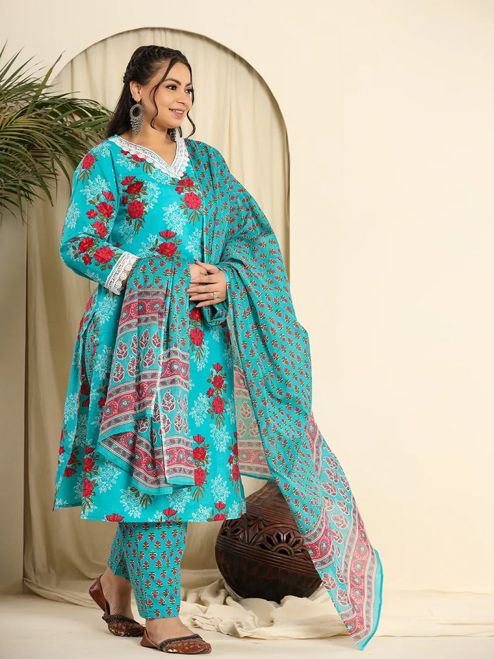 Pure Cotton Blue Kurta Dupatta Pant Set With Handwork