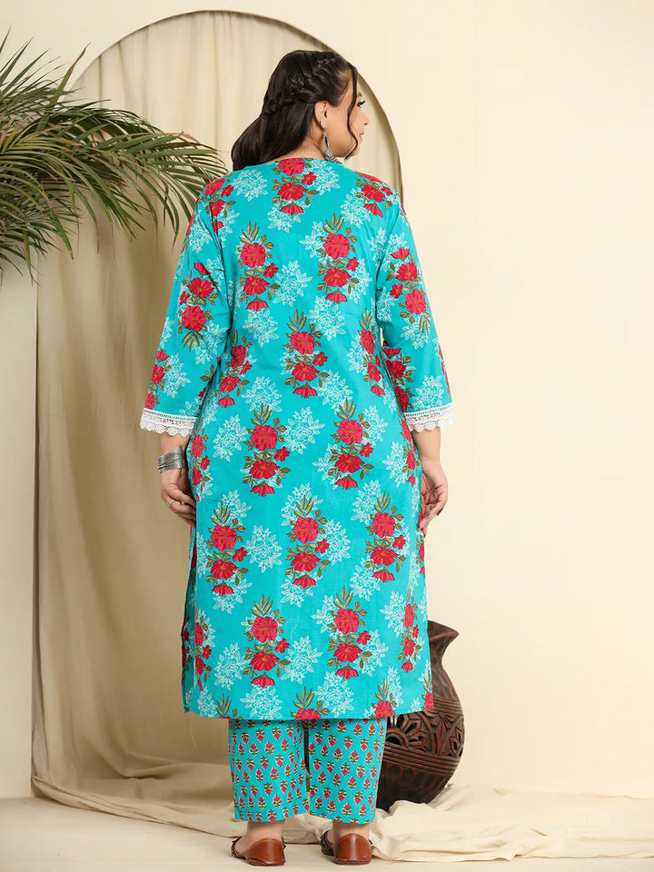 Pure Cotton Blue Kurta Dupatta Pant Set With Handwork