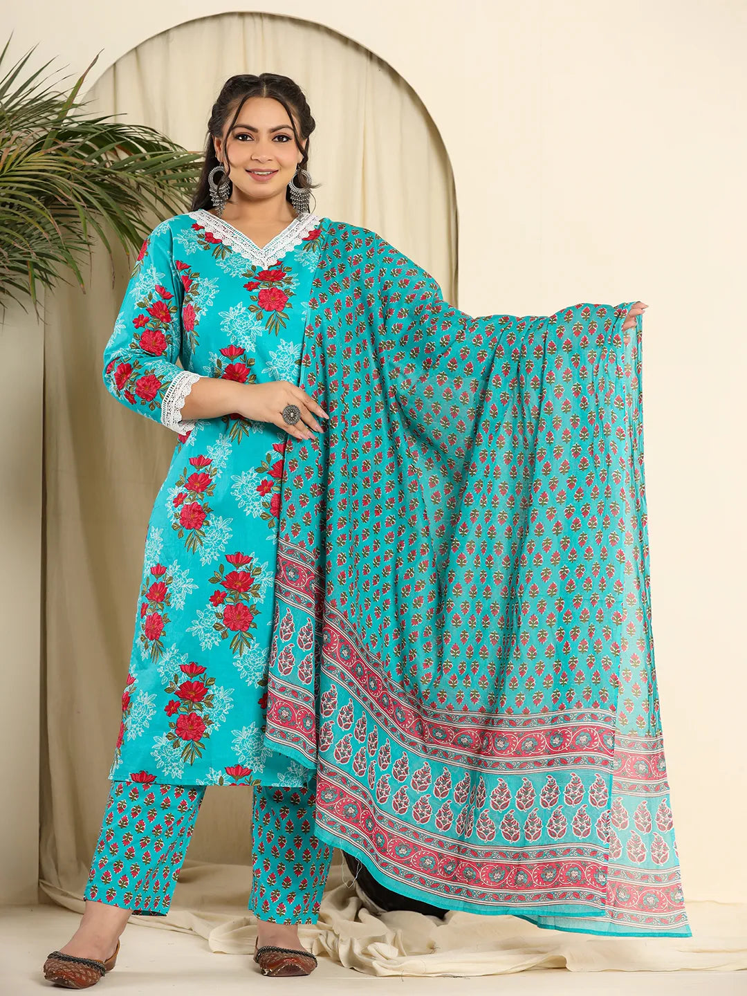 Pure Cotton Blue Kurta Dupatta Pant Set With Handwork