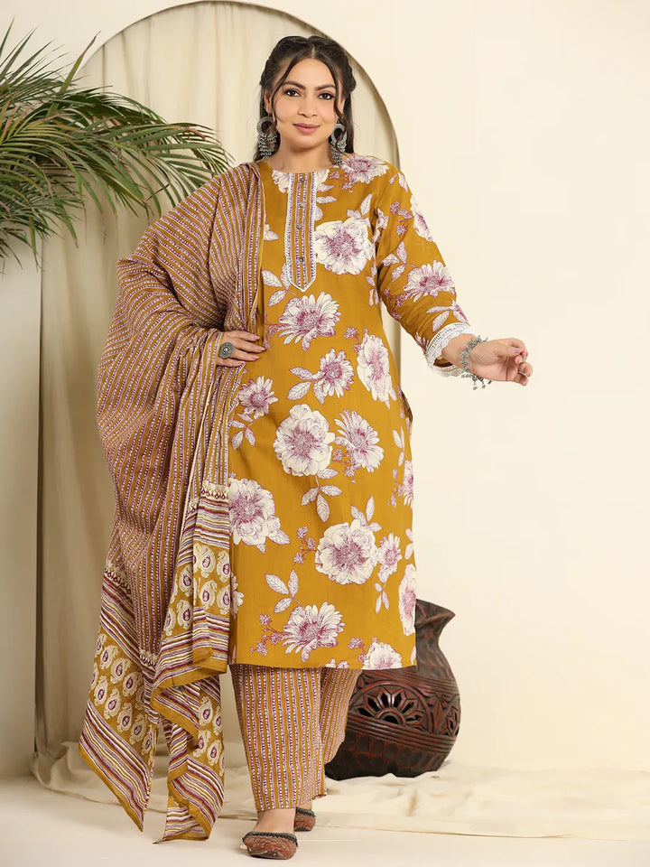 Mustard Pure Cotton Kurta Dupatta Pant Set With Handwork