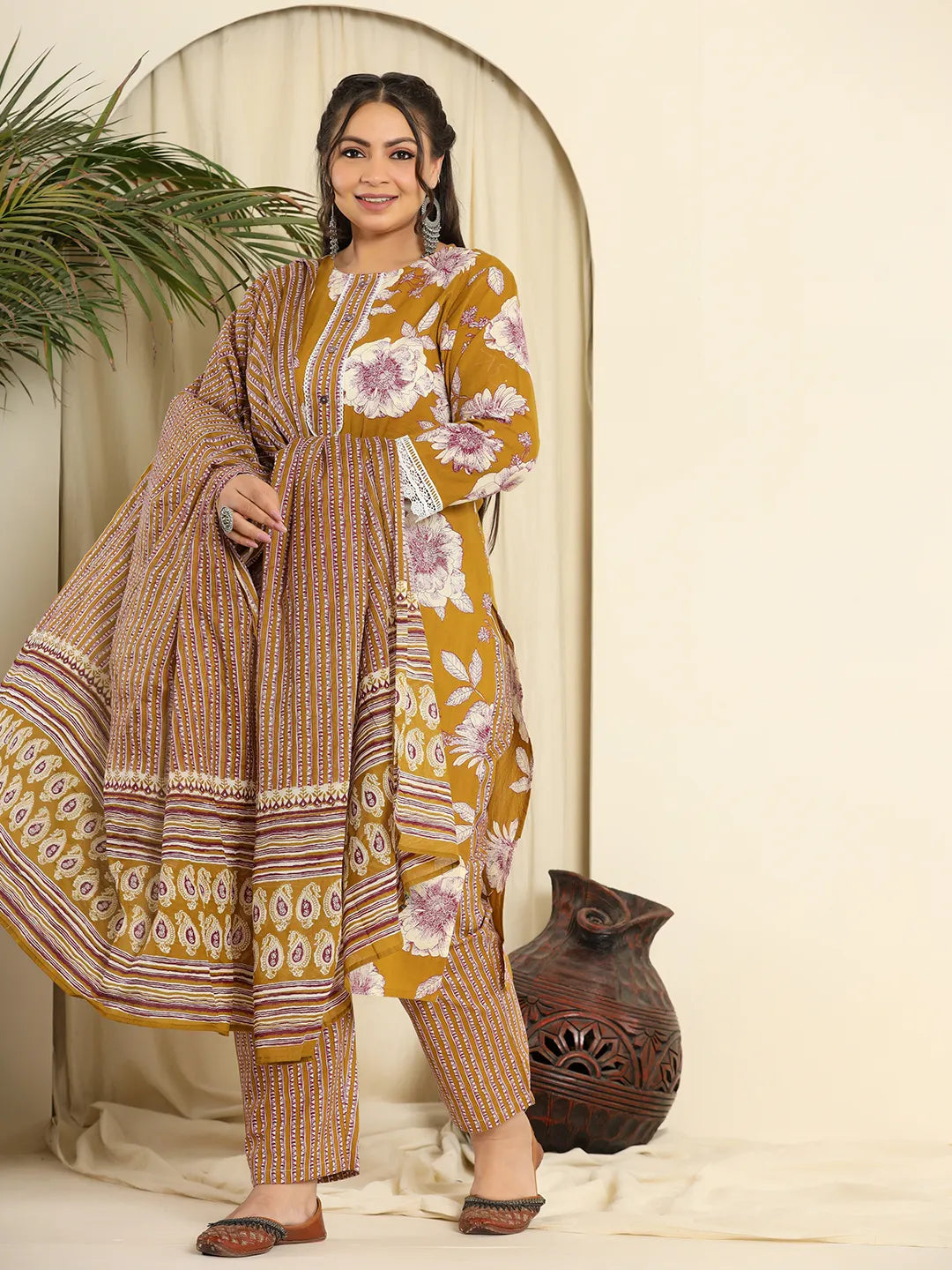 Mustard Pure Cotton Kurta Dupatta Pant Set With Handwork