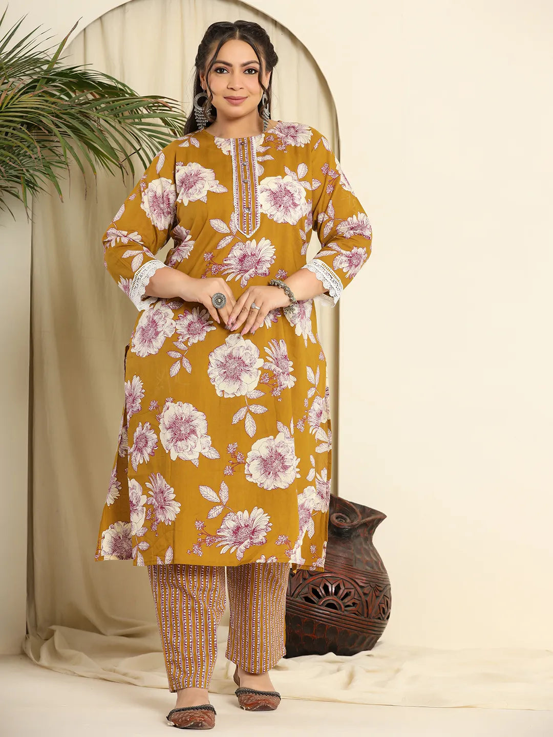 Mustard Pure Cotton Kurta Dupatta Pant Set With Handwork