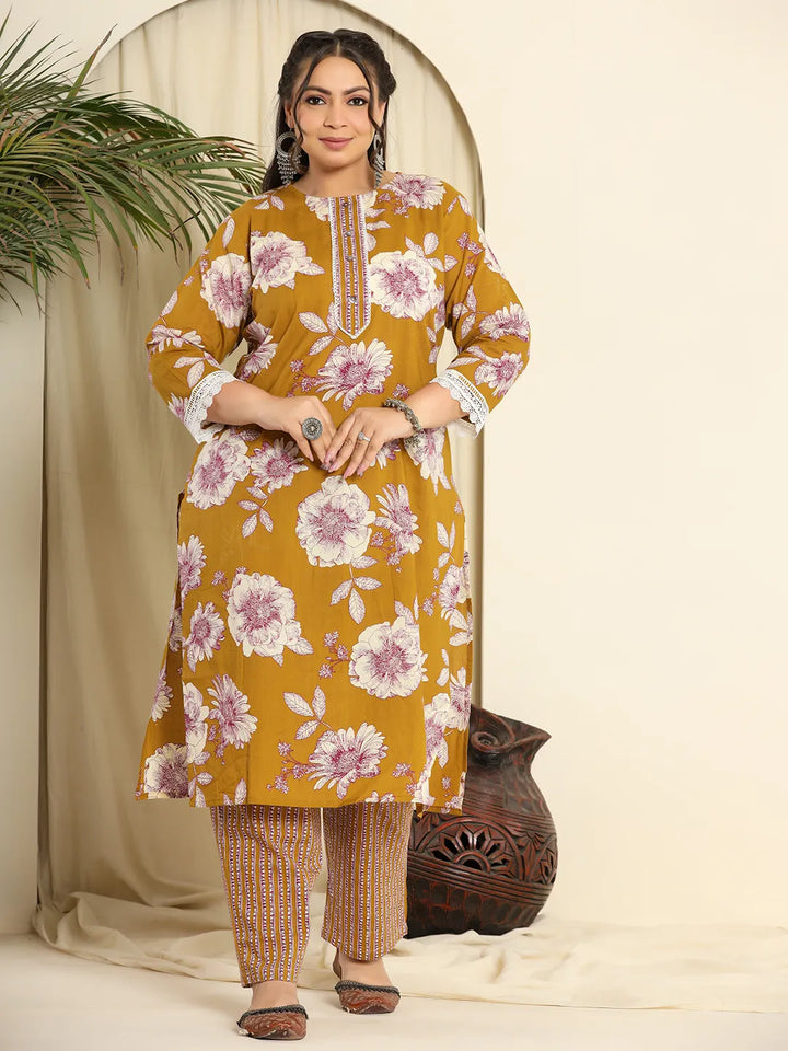 Mustard Pure Cotton Kurta Dupatta Pant Set With Handwork