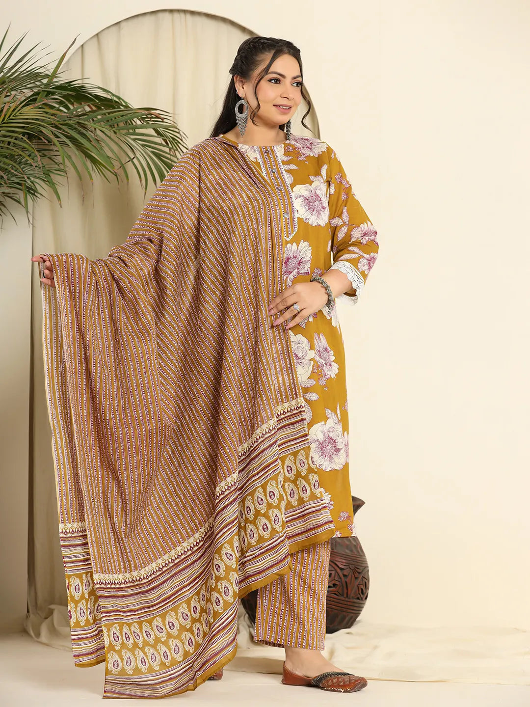 Mustard Pure Cotton Kurta Dupatta Pant Set With Handwork