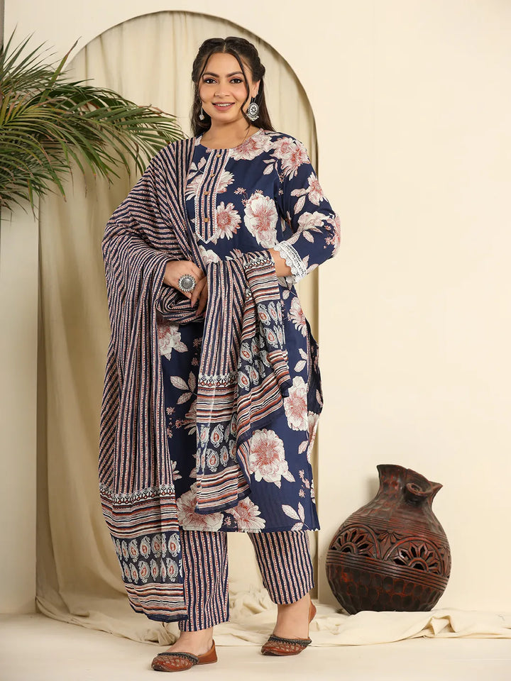 Navy Blue Pure Cotton Kurta Dupatta Pant Set With Handwork