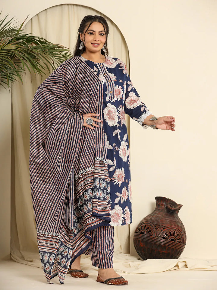 Navy Blue Pure Cotton Kurta Dupatta Pant Set With Handwork