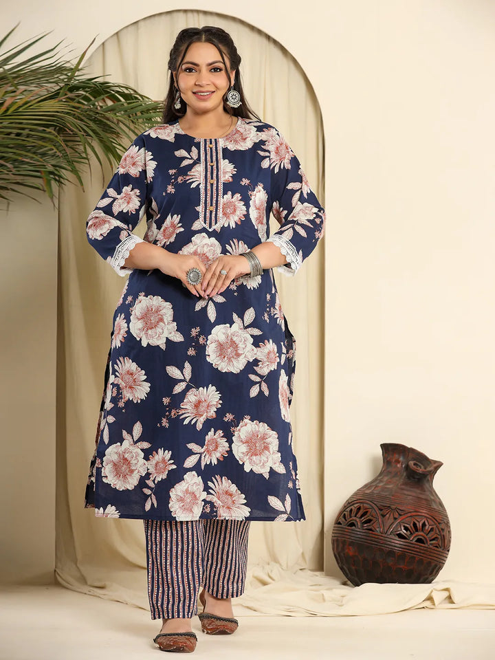 Navy Blue Pure Cotton Kurta Dupatta Pant Set With Handwork