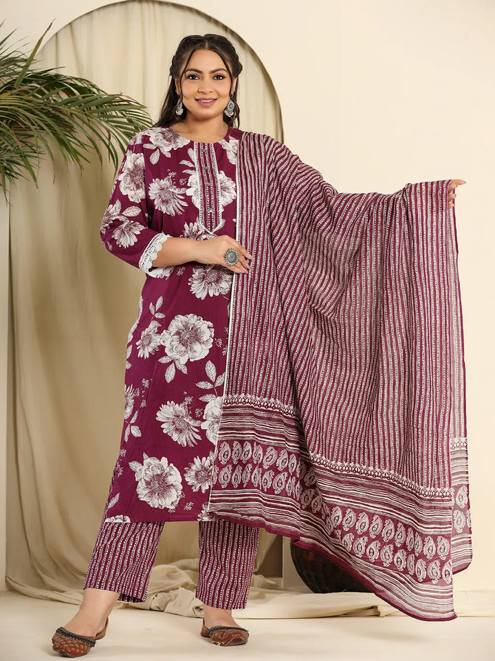 Purple Pure Cotton Kurta Dupatta Pant Set With Handwork