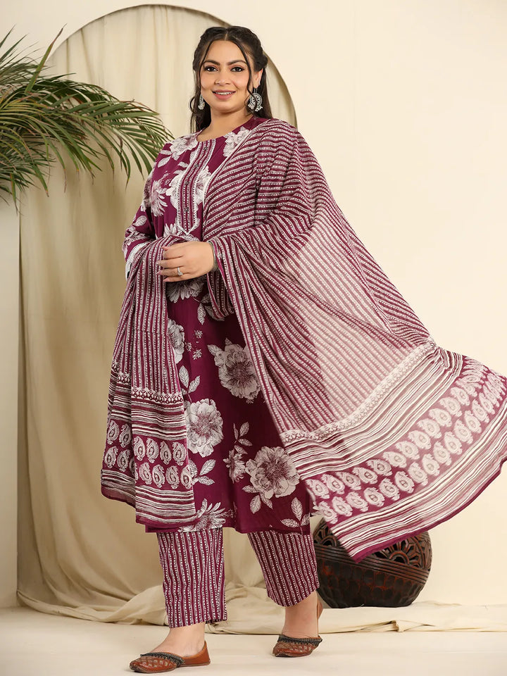 Purple Pure Cotton Kurta Dupatta Pant Set With Handwork