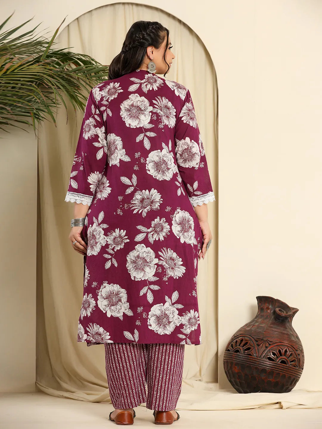 Purple Pure Cotton Kurta Dupatta Pant Set With Handwork