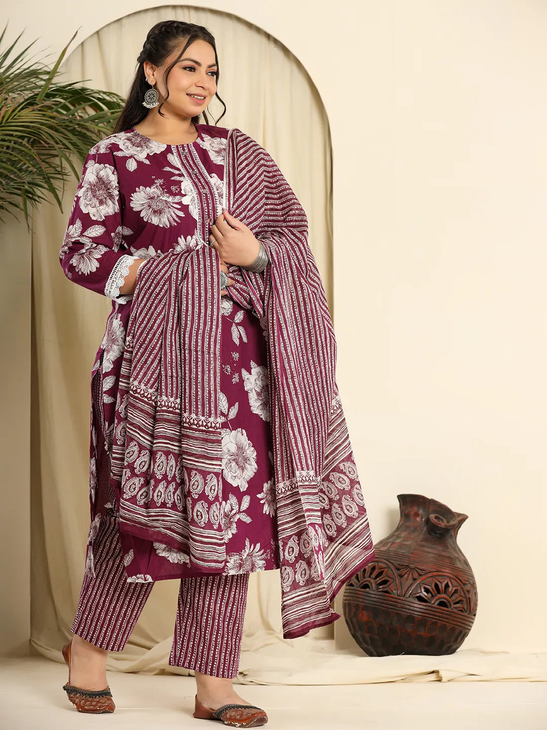 Purple Pure Cotton Kurta Dupatta Pant Set With Handwork