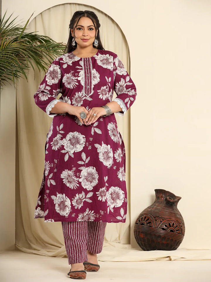 Purple Pure Cotton Kurta Dupatta Pant Set With Handwork