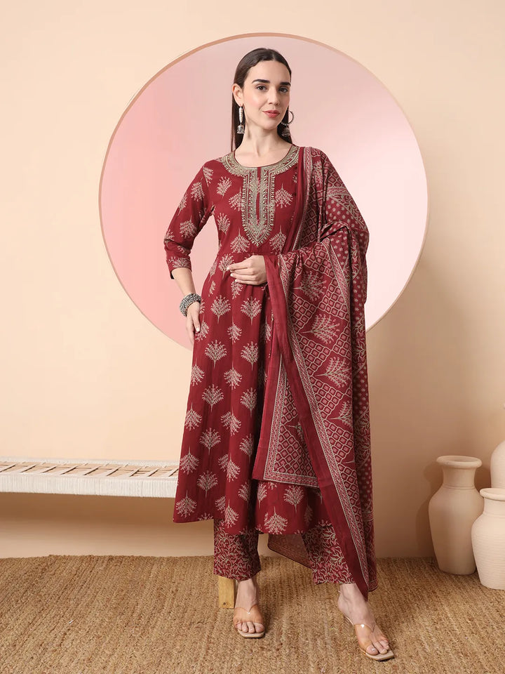 Maroon Pure Cotton Chikankari Anarkali Kurta Dupatta Pant Set