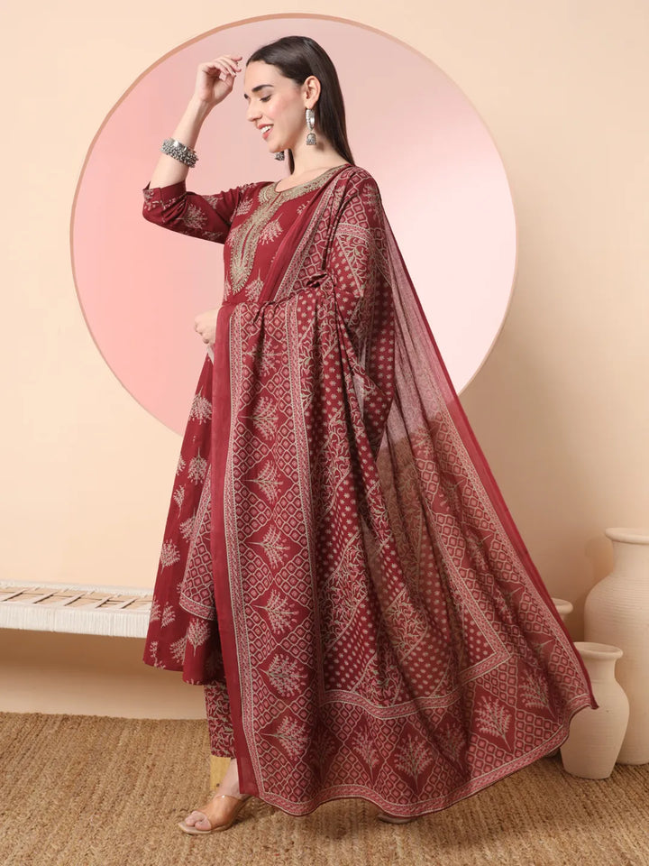 Maroon Pure Cotton Chikankari Anarkali Kurta Dupatta Pant Set