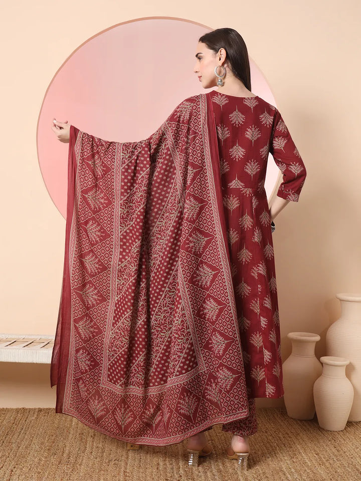 Maroon Pure Cotton Chikankari Anarkali Kurta Dupatta Pant Set