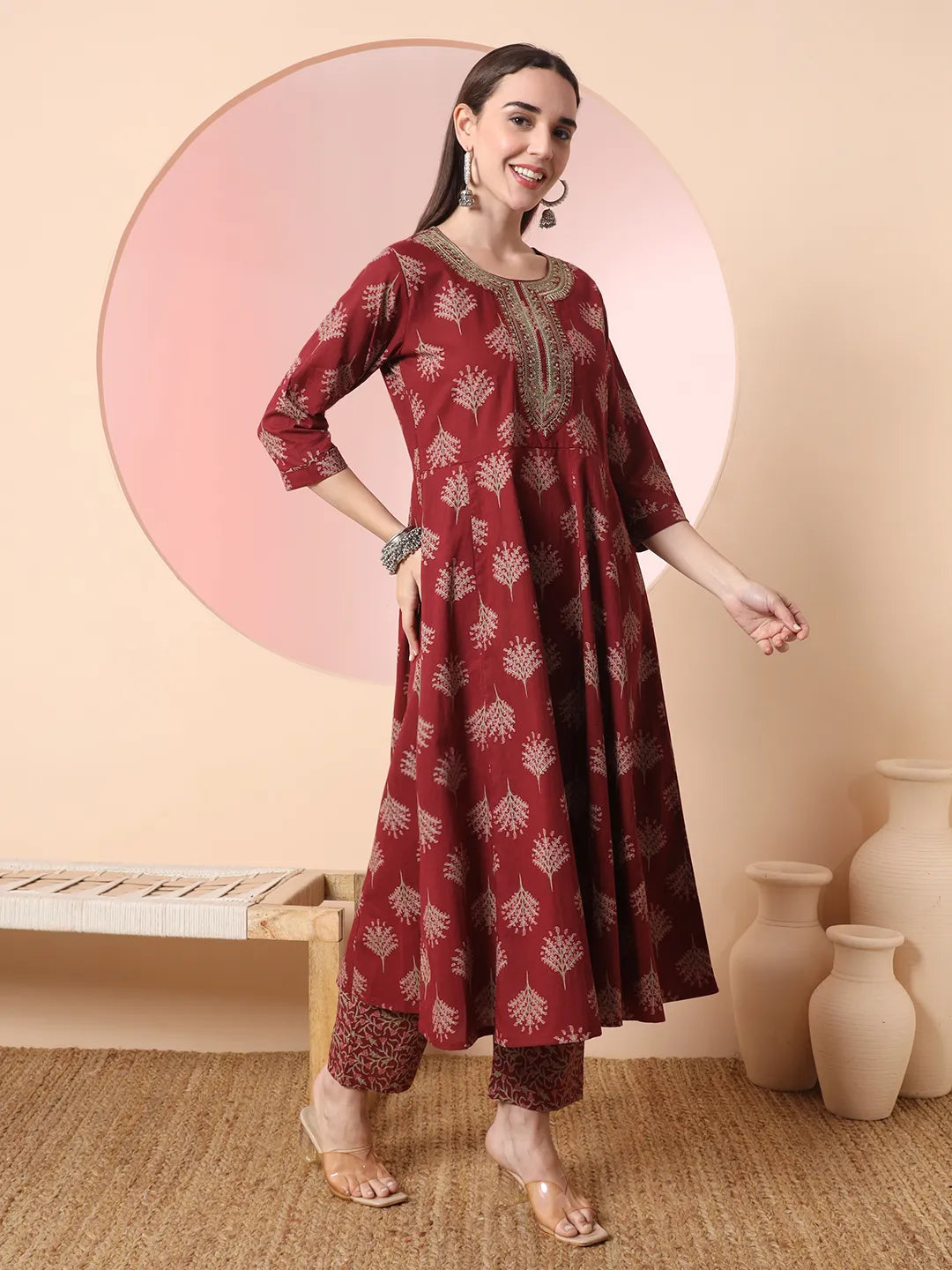 Maroon Pure Cotton Chikankari Anarkali Kurta Dupatta Pant Set