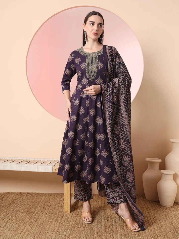 Purple Pure Cotton Chikankari Anarkali Kurta Dupatta Pant Set