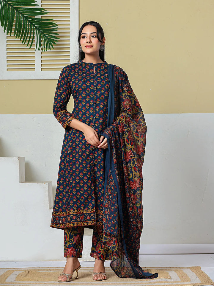 Navy Blue Floral A-Line Sequins Work Kurta And Trouser With Dupatta Set