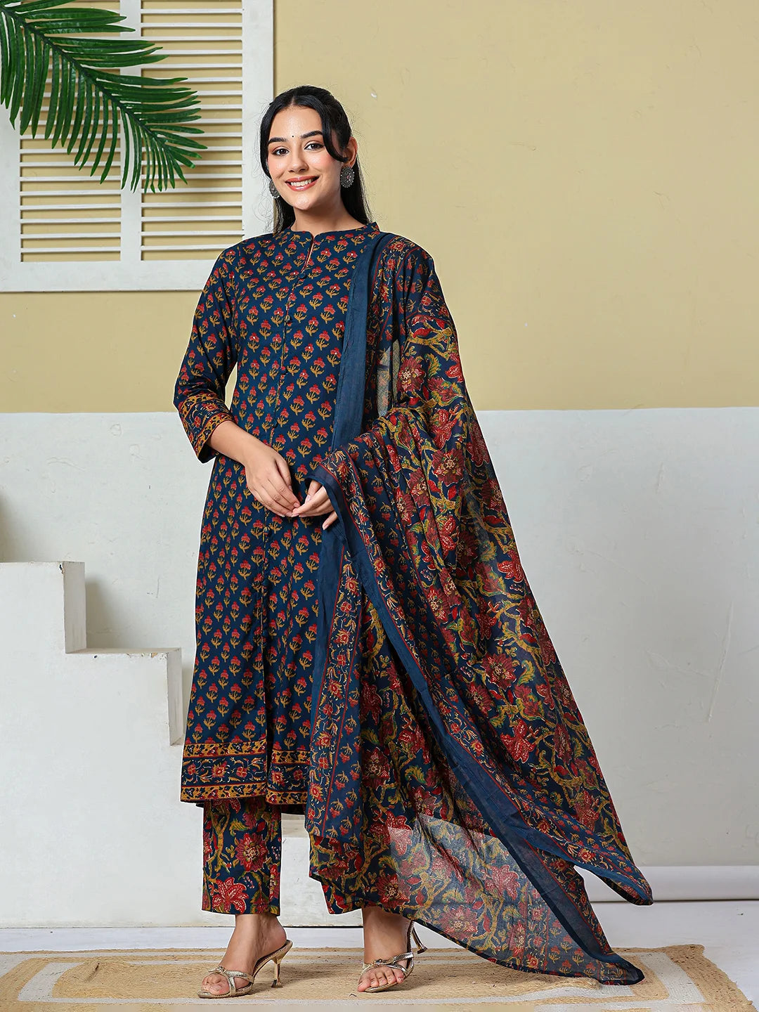 Navy Blue Floral A-Line Sequins Work Kurta And Trouser With Dupatta Set