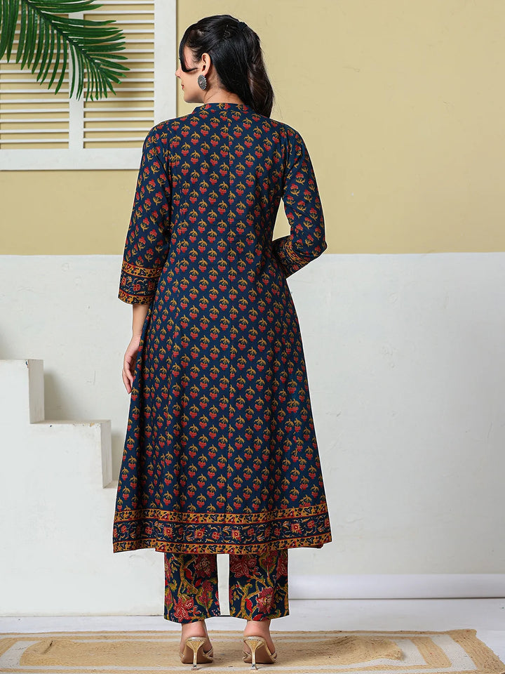 Navy Blue Floral A-Line Sequins Work Kurta And Trouser With Dupatta Set