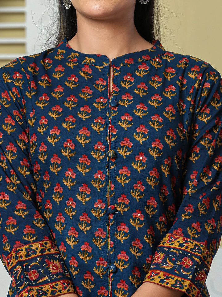 Navy Blue Floral A-Line Sequins Work Kurta And Trouser With Dupatta Set