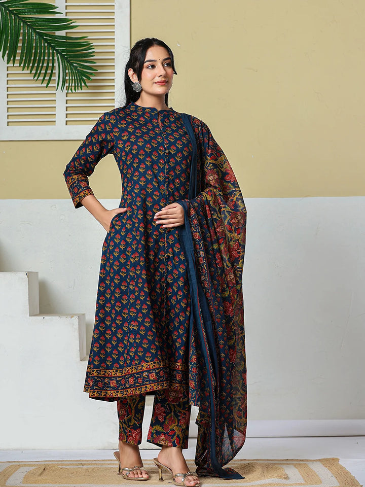 Navy Blue Floral A-Line Sequins Work Kurta And Trouser With Dupatta Set