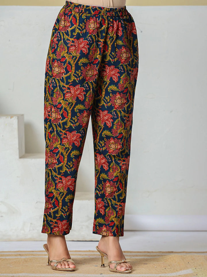Navy Blue Floral A-Line Sequins Work Kurta And Trouser With Dupatta Set
