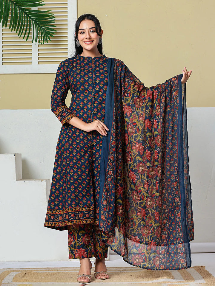 Navy Blue Floral A-Line Sequins Work Kurta And Trouser With Dupatta Set