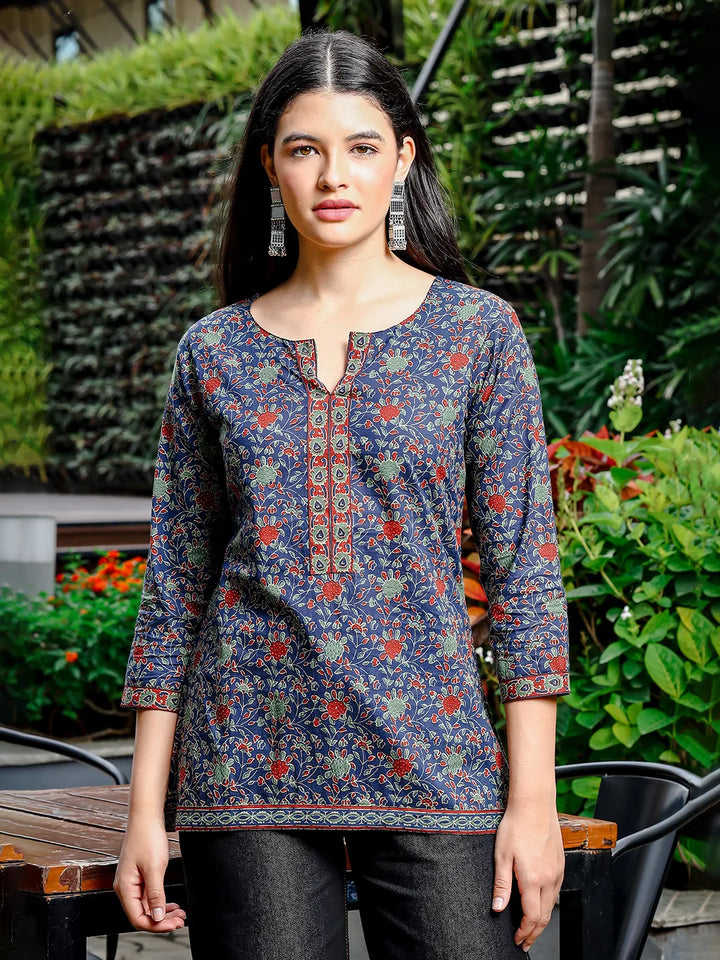 Blue Cotton Ethnic Motifs Regular Top