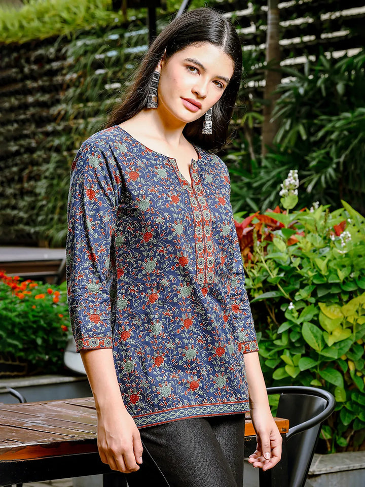 Blue Cotton Ethnic Motifs Regular Top