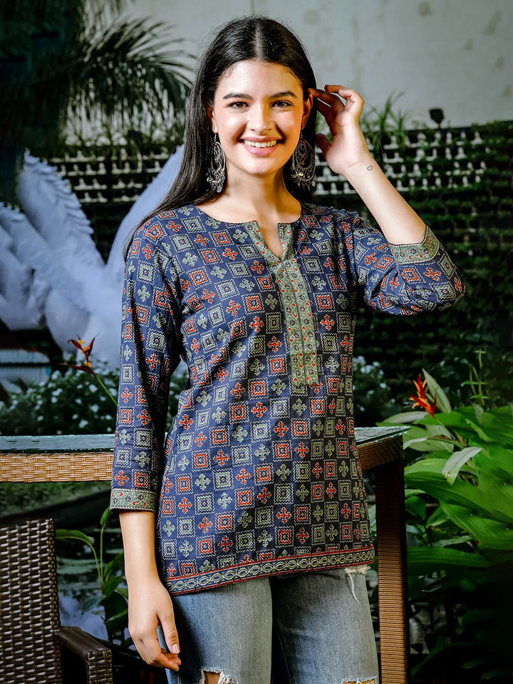 Blue Cotton Geometric Print Regular Top