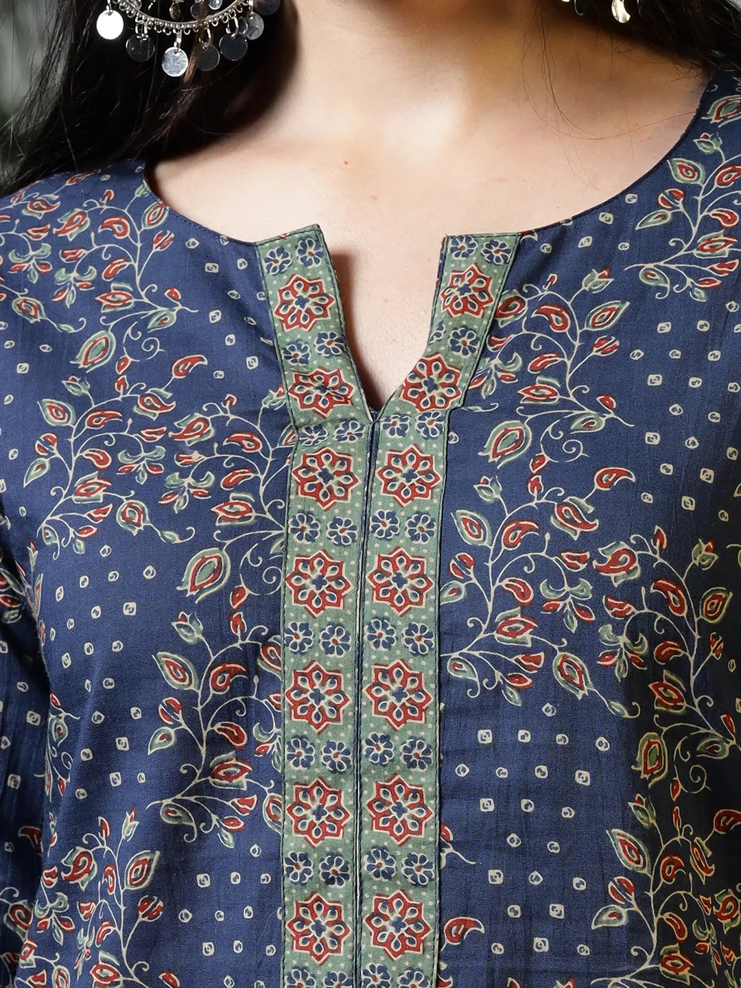 Blue Cotton Floral Print Regular Top