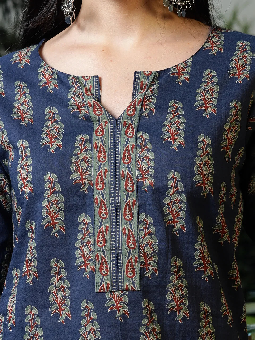 Blue Cotton Floral Block Print Regular Top