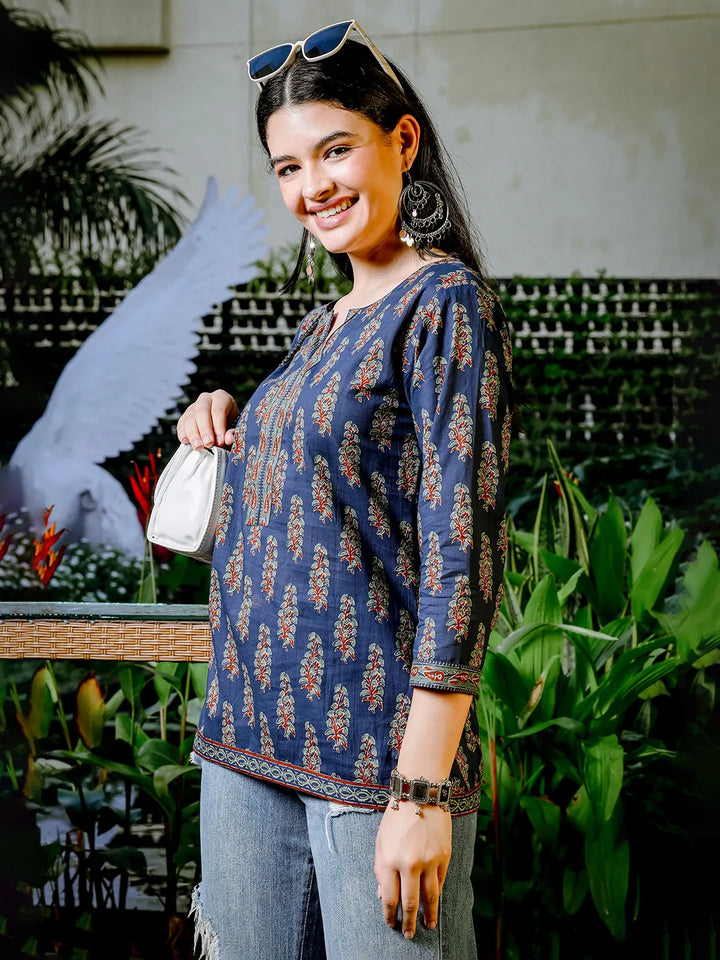 Blue Cotton Floral Block Print Regular Top