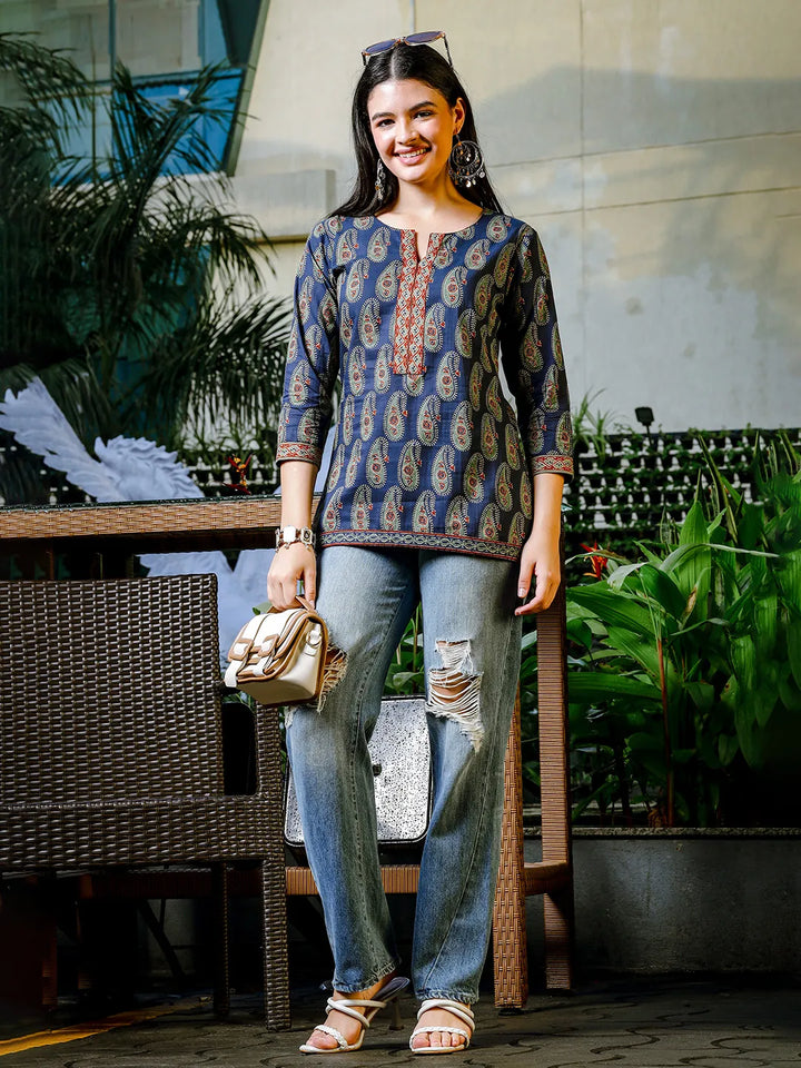 Blue Cotton Paisley Print Regular Top