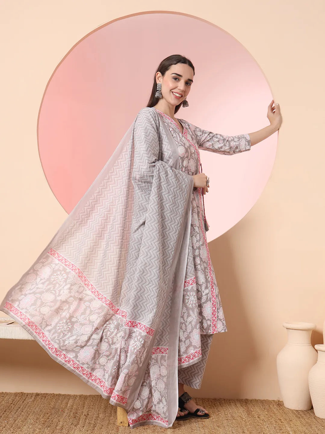 Grey Pure Cotton Angrakha Kurta Dupatta Pant Set